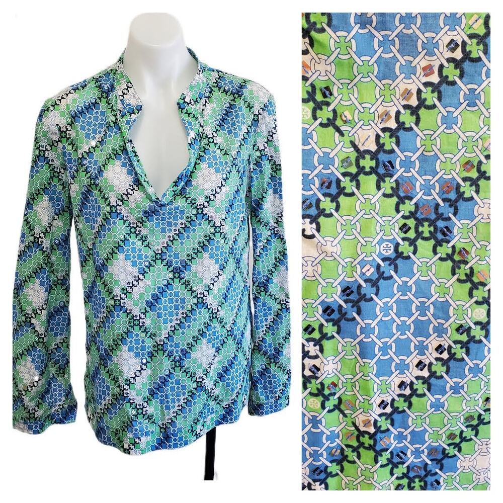 Tory Burch Blue Green Geometric Print Blouse Size 10 Cotton Sequin‎ Long Sleeve